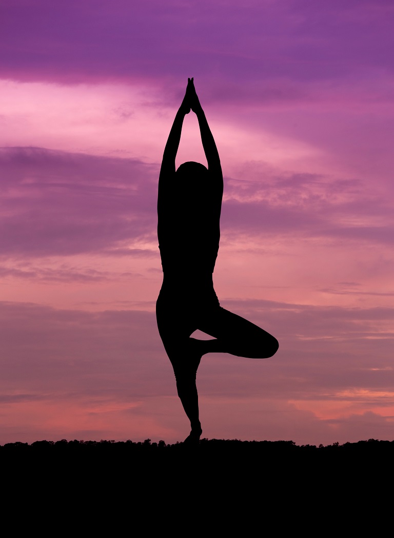 Silhouette of a beautiful Yoga woman at sunset