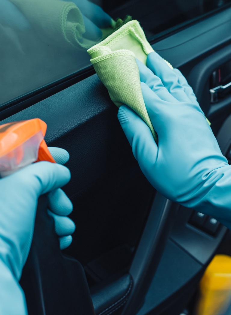 cropped view of car cleaner holding rag and spray bottle while cleaning car door